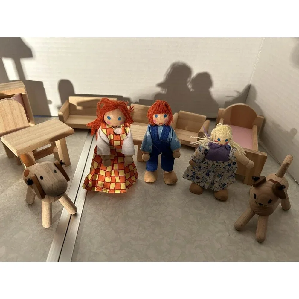 Wooden Dollhouse Furniture, 3 Wood Dolls, 1 Dog, And 1 Cat/ 16 Pieces In All - Picture 5 of 9